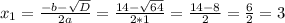 x_{1}=\frac{-b-\sqrt{D}}{2a}=\frac{14-\sqrt{64}}{2*1}=\frac{14-8}{2}=\frac{6}{2}=3