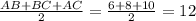 \frac{AB+BC+AC}{2}=\frac{6+8+10}{2}=12