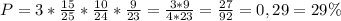 P= 3*\frac{15}{25} * \frac{10}{24} * \frac{9}{23} = \frac{3*9}{4*23} = \frac{27}{92}=0,29=29\%