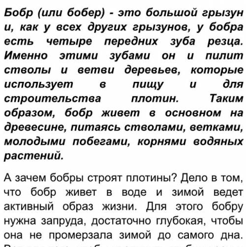 Из текста ты узнал что бобр - крупный грызун и он строит плотины. как это связано напишите дою 24