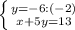 \left \{ {{y=-6:(-2)} \atop {x+5y=13}} \right.