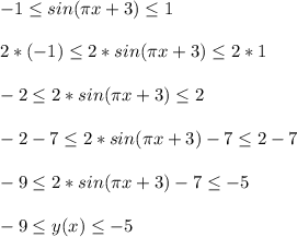 -1 \leq sin(\pi x+3) \leq 1\\\\&#10;2*(-1) \leq 2*sin(\pi x+3) \leq 2*1\\\\&#10;-2 \leq 2*sin(\pi x+3) \leq 2\\\\&#10;-2-7 \leq 2*sin(\pi x+3)-7 \leq 2-7\\\\&#10;-9 \leq 2*sin(\pi x+3)-7 \leq -5\\\\&#10;-9 \leq y(x) \leq -5