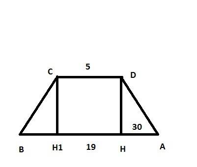 Умоляю, 20 ! abcd-равнобокая трапеция.ab=19 см,dc=5 см ,m(a)=30°.найдите ad и высоту трапеции.