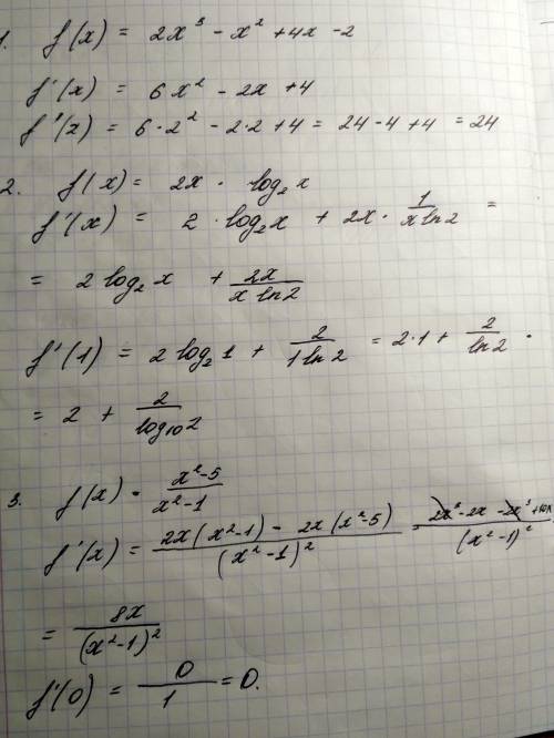 Найдите производную функции: 1. f'(x)= f'(2)= если f(x)=2x3-x2×4x-2 (два икс куб минус икс квадрат п