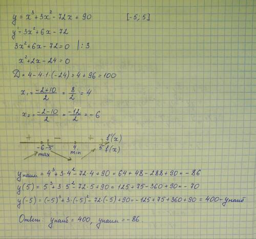 Найдите наибольшее и наименьшее значения функции на отрезке y=x^3+3x^2-72x+90 [-5; 5]