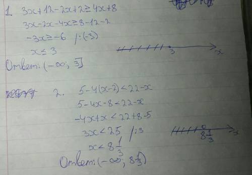 Решите неравенство: 1. 3(x+-2)≥4(x+2) 2. 5 - 4 (х-2) < 22 - х