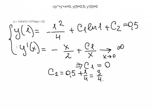 Решите : xy''+y'+x=0, у(1)=0,5; у'(0)=0