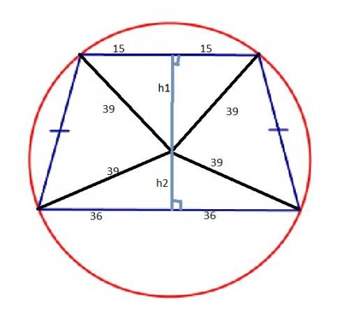 Основание равнобедренной трапеции равны 72 и 30. центр окружности описанной около трапеции лежит вну