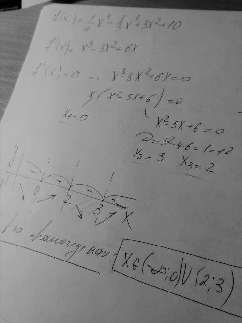 Найдите все интервалы убывания функции f(x)=1/4x^4-5/3x^3+3x^2+10