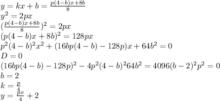 y=kx+b = \frac{p(4-b)x+8b}{8} \\ &#10; y^2=2px \\ &#10; (\frac{p(4-b)x+8b}{8})^2 = 2px \\ &#10; (p(4-b)x+8b)^2=128px \\ &#10;p^2(4-b)^2x^2+(16bp(4-b)-128p)x+64b^2=0 \\ &#10; D=0 \\ &#10; (16bp(4-b)-128p)^2-4p^2(4-b)^264b^2 = 4096(b-2)^2p^2=0\\&#10; b=2\\&#10; k = \frac{p}{4}\\&#10; y = \frac{px}{4}+2 &#10;