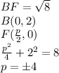 BF=\sqrt{8} \\&#10; B(0,2) \\&#10; F(\frac{p}{2},0) \\&#10; \frac{p^2}{4} + 2^2 = 8 \\ &#10; p=\pm 4