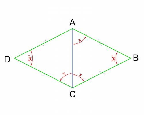 На рисунке изображён ромб abcd, угол adc=54градусов. какова градусная мера угла acb?