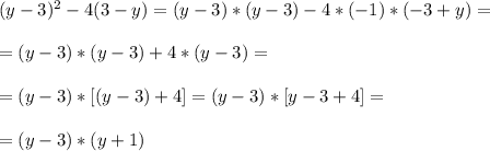 (y-3)^2-4(3-y)=(y-3)*(y-3)-4*(-1)*(-3+y)=\\\\ =(y-3)*(y-3)+4*(y-3)=\\\\ =(y-3)*[(y-3)+4]=(y-3)*[y-3+4]=\\\\ =(y-3)*(y+1)