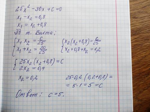 Разность корней уравнения 25x^2-30x+c=0 равна 0,8. найдите коэффициент с.