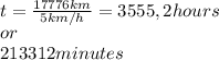 t = \frac{17776km}{5km/h} = 3555,2 hours\\ or\\ 213312 minutes