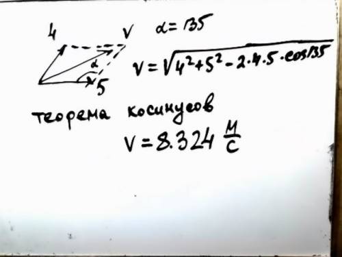 Скорости двух состовляющих движений, направленных под углом 45° друг к другу, равны 4 и 5 м/с. опред