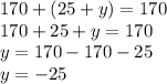 170+(25+y)=170 \\ &#10;170+25+y=170 \\ &#10;y=170-170-25 \\ &#10;y=-25