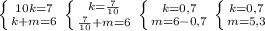 \left \{ {{10k=7} \atop {k+m=6}} \right. \left \{ {{k= \frac{7}{10} } \atop { \frac{7}{10}+m=6 }} \right. \left \{ {{k=0,7} \atop {m=6-0,7 }} \right. \left \{ {{k=0,7 } \atop {m=5,3}} \right.