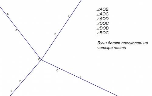 Начертите четыре луча oa, ob, oc и od. запишите названия 6 углов, сторонами которых являются эти луч