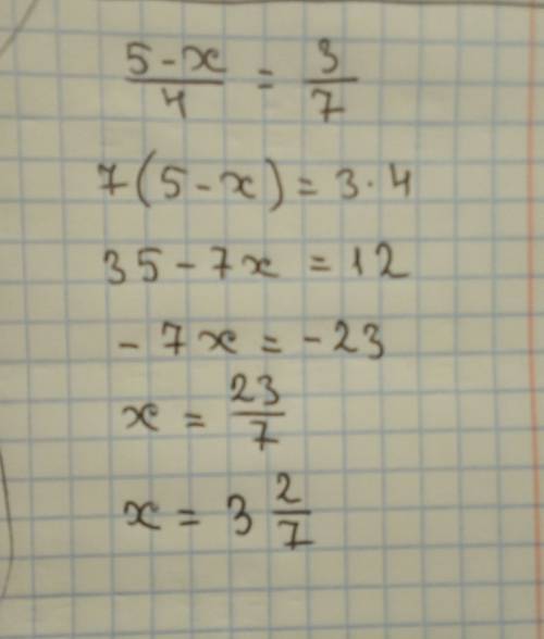 Найдите неизвестный член пропорции: 5-x/4=3/7