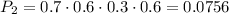 P_2=0.7\cdot0.6\cdot0.3\cdot 0.6=0.0756