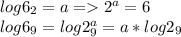 log6_{2} = a = 2^a = 6\\log6_{9} = log2^a_{9} = a * log2_{9}