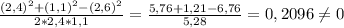 \frac{(2,4)^{2}+(1,1)^{2}-(2,6)^{2}}{2*2,4*1,1} = \frac{5,76+1,21-6,76}{5,28} =0,2096 \neq &#10;0