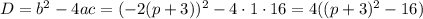 D=b^2-4ac=(-2(p+3))^2-4\cdot1\cdot16=4((p+3)^2-16)