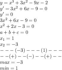 y=x^3+3x^2-9x-2\\y'=3x^2+6x-9=0\\y'=0\\3x^2+6x-9=0\\x^2+2x-3=0\\a+b+c=0\\x_1=1\\x_2=-3\\---(-3)---(1)---\\--(+)--(-)--(+)--\\max=-3\\min=1