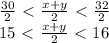 \frac{30}{2} \ \textless \ \frac{x+y}{2} \ \textless \ \frac{32}{2} \\ 15 \ \textless \ \frac{x+y}{2} \ \textless \ 16