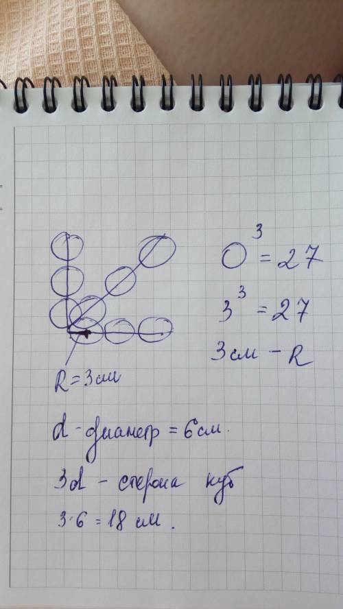 Из 27 одинаковых шариков собран куб. радиус каждого шарика равен 3 см. вычисли длину стороны куба. д