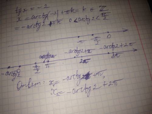 Найти все корни принадлежащие отрезку [0; 3п] tgx=-2
