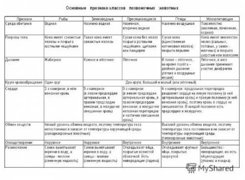 Биология, : сравнительная характеристика позвоночных животных