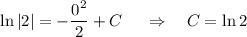 \ln|2|=- \dfrac{0^2}{2} +C~~~~\Rightarrow~~~ C=\ln2