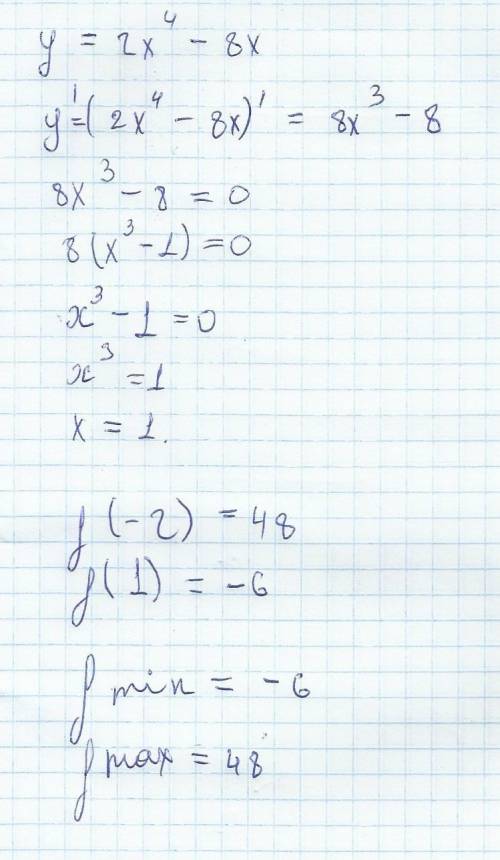 Найдите наибольшее и наименьшее значение функции на отрезке [-2: 1] y=2x^4-8x