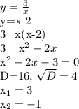 y= \frac{3}{x} &#10;&#10;y=x-2&#10;&#10;3=x(x-2)&#10;&#10;3= x^{2} -2x&#10;&#10; x^{2} -2x-3=0&#10;&#10;D=16, \sqrt{D} =4&#10;&#10; x_{1}=3 &#10;&#10; x_{2}=-1