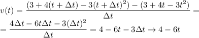 v(t)=\dfrac{(3+4(t+\Delta t)-3(t+\Delta t)^2)-(3+4t-3t^2)}{\Delta t}=\\=\dfrac{4\Delta t-6t\Delta t-3(\Delta t)^2}{\Delta t}=4-6t-3\Delta t\to4-6t