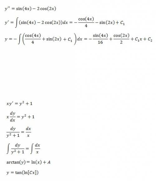 Решить дифференциальные уравнения: y - 6y' + 9y = 0 y = sin4x -2cos2x x × y' = y^2 + 1