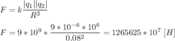 F = k \dfrac{|q_{1}||q_{2}|}{R^{2}} \\ \\ F = 9*10^{9} * \dfrac{9*10^{-6} * 10^{6}}{0.08^{2}} = 1265625 * 10^{7} \ [H]