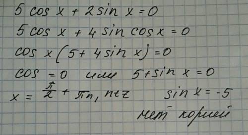 Найдите наибольший отрицательный корень уравнения: 5cos x+2sin 2x=0.