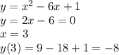 y = {x}^{2} - 6x + 1 \\ y = 2x - 6 = 0 \\ x = 3 \\ y(3) = 9 - 18 + 1 = - 8