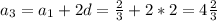 a_{3} = a_{1} + 2d = \frac{2}{3} + 2*2 = 4 \frac{2}{3}