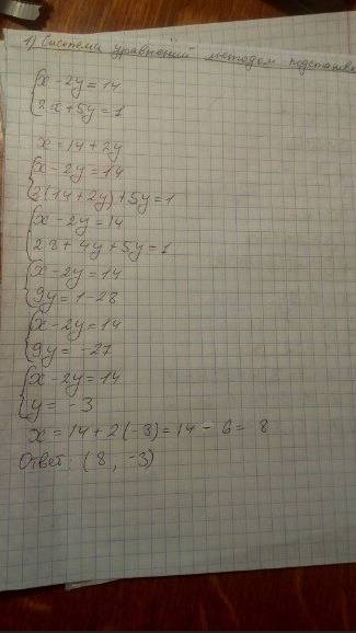 1. решите методом подстановки систему уравнений {x-2y=14 { 2x+5y=1 2. решите графически систему урав