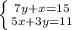 \left \{ {{7y+x=15} \atop {5x+3y=11}} \right.