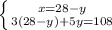 \left \{ {{x=28-y} \atop {3(28-y) + 5y=108}} \right.