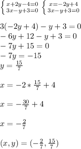 \left \{ {{x+2y-4=0} \atop {3x-y+3=0}} \right. \left \{ {{x=-2y+4} \atop {3x-y+3=0}} \right.\\ &#10;\\3(-2y+4)-y+3=0&#10;\\-6y+12-y+3=0&#10;\\-7y+15=0&#10;\\-7y=-15&#10;\\y= \frac{15}{7}\\ &#10;\\x=-2* \frac{15}{7}+4\\ &#10;\\x= -\frac{30}{7} +4\\&#10;\\x= -\frac{2}{7} \\&#10;\\(x,y)=(- \frac{2}{7} , \frac{15}{7})