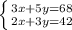 \left \{ {{3x+5y=68} \atop {2x+3y=42}} \right. &#10;