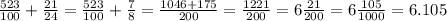 \frac{523}{100} + \frac{21}{24} = \frac{523}{100}+ \frac{7}{8} = \frac{1046+175}{200} = \frac{1221}{200} =6 \frac{21}{200} =6 \frac{105}{1000} =6.105