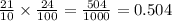 \frac{21}{10} \times \frac{24}{100 } = \frac{504}{1000} = 0.504