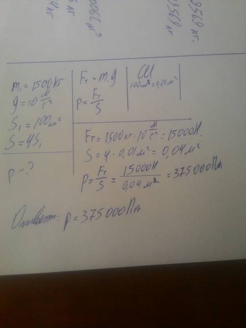 Какое давление оказывают колеса автомобиля на дорогу если масса автомобиля 1500 кг а площадь отпечат